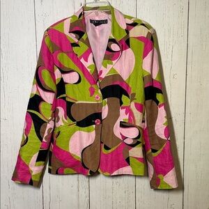 Vintage Y2K SilkLand Linen Lightweight Blazer Jacket MCM Pink Green Black Size 8